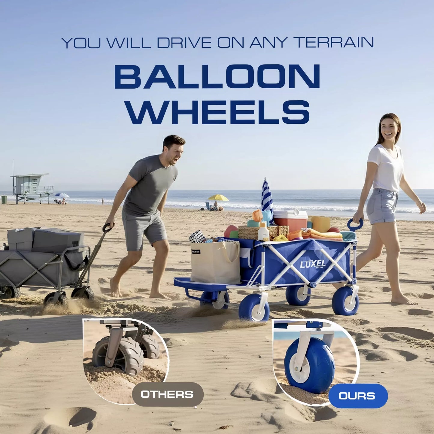 Beach Wagon Cart with Big Wheels – Foldable Utility Wagon Blue